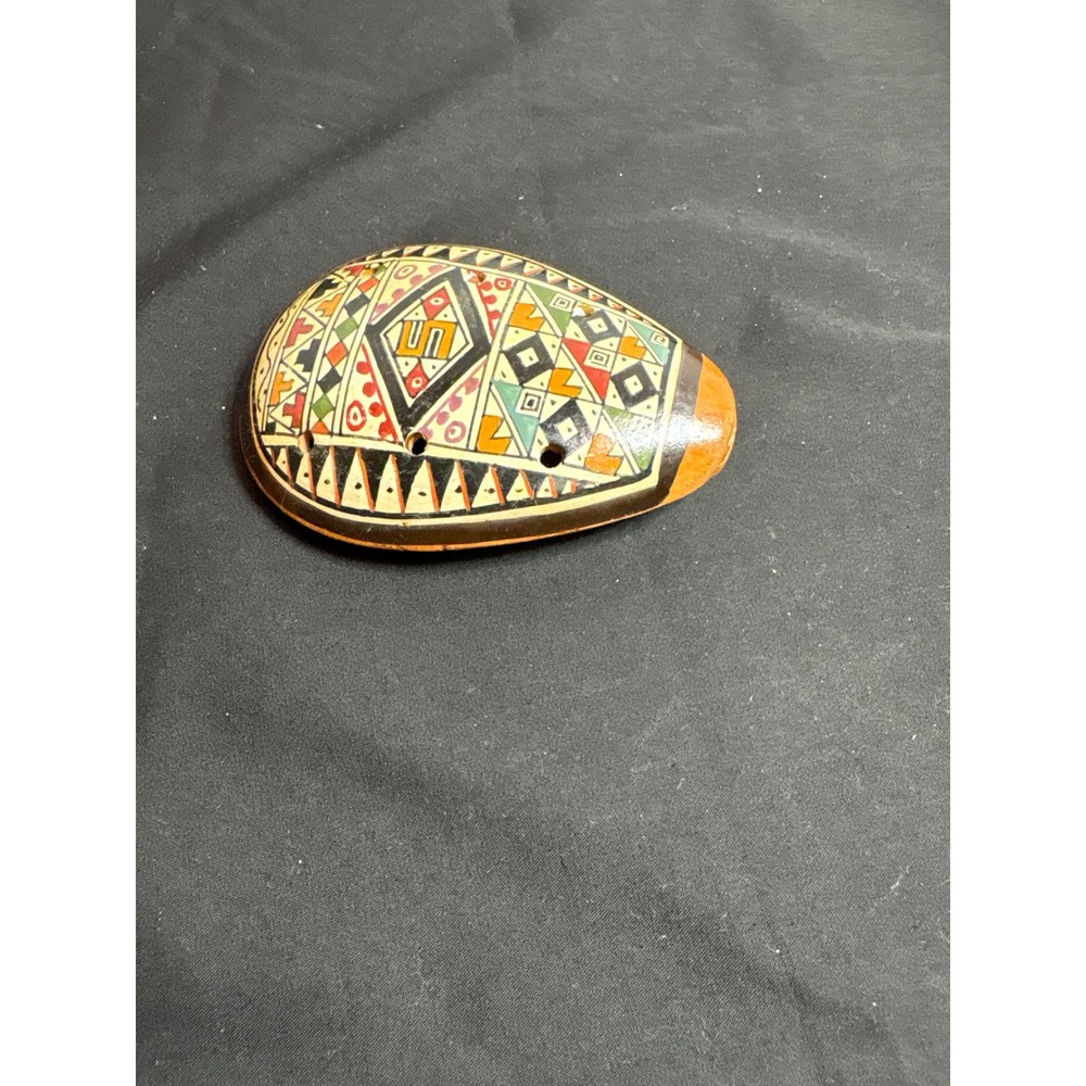 Hand Painted Clay Ocarina Whistle Wind Instrument Folk Art Geometric Design